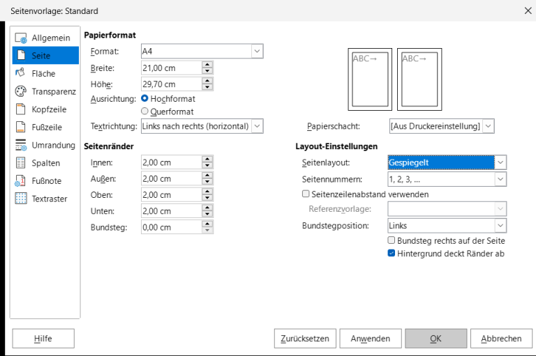 Seitenformatierung unter Libreoffice